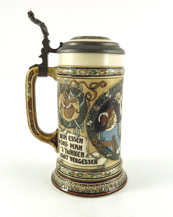 Fritz Quidenus for Mettlach, Villeroy and Boch, a half litre stein, incised tavern waitress scene - Image 8 of 12