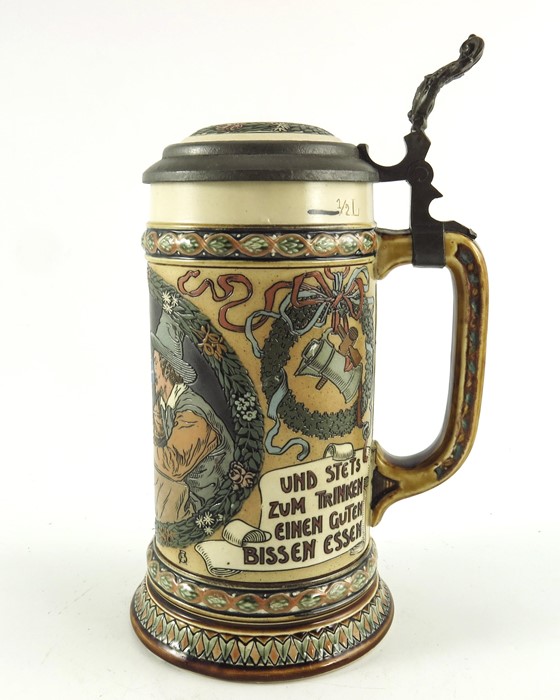 Fritz Quidenus for Mettlach, Villeroy and Boch, a half litre stein, incised tavern waitress scene - Image 4 of 12