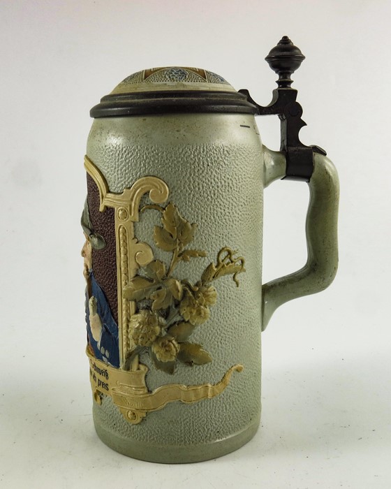 Mettlach, Villeroy and Boch, a litre stein, relief and tapestry moulded man smoking a pipe - Image 2 of 5