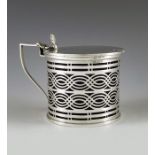 S & G G, Birmingham 1900, a Victorian silver mustard pot, cylindrical form, reticulated interlaced r