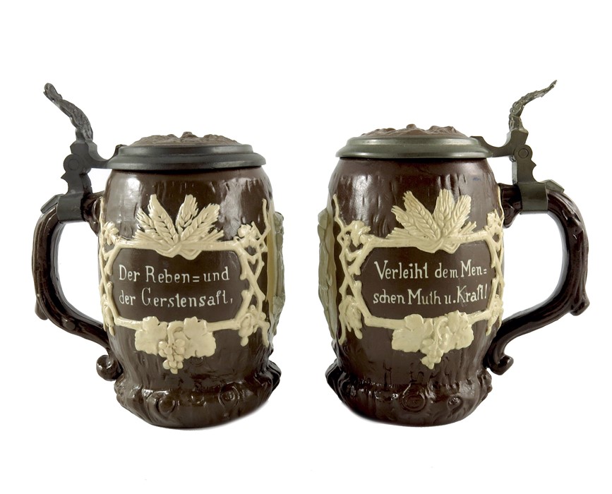 Mettlach, Villeroy and Boch, a pair of half litre steins, relief moulded and applied tree stump and - Image 2 of 7