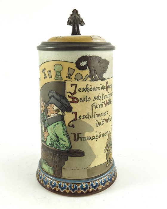 Heinrich Schlitt for Mettlach, Villeroy and Boch, a half litre stein, incised with a tavern scene an - Image 3 of 7