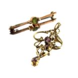 An Arts and Crafts 9 carat gold, seed pearl and amethyst pendant and a bar brooch