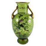 A Bohemian enamelled glass vase, probably Harrach, circa 1890, twin handled ovoid form, decorated wi