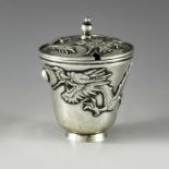 Unknown, China circa 1900, a Chinese export silver mustard pot, footed cup form, cast with dragons t