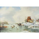 M Matthews, Frozen river landscape with figures, oil on canvas