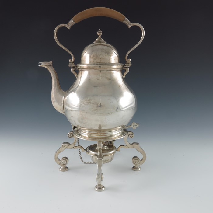 An Edwardian silver kettle and burner on stand, C S Harris and Sons - Image 2 of 7