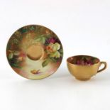 Twin for Royal Worcester, a miniature rose painted cup and saucer