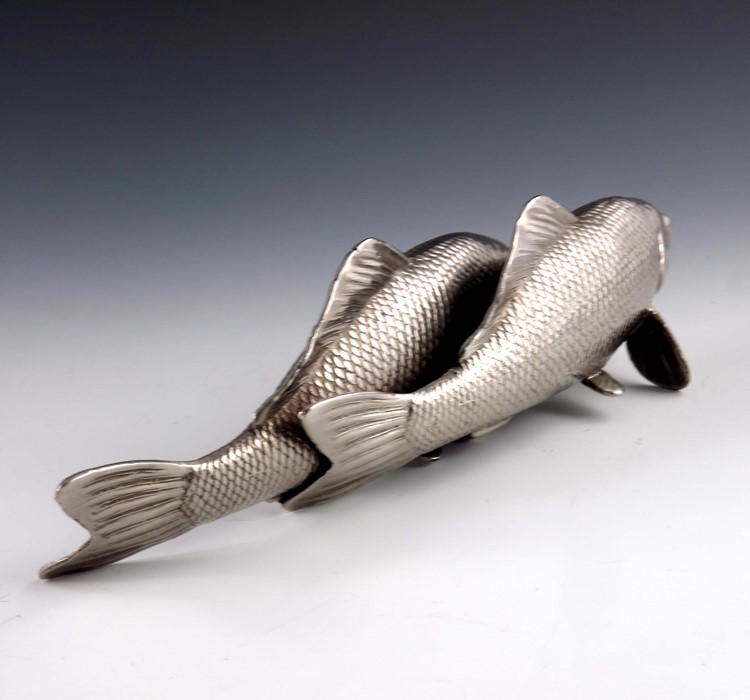 A Japanese white metal or plated okimono figure group of two carp - Image 6 of 7