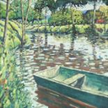 Terence Clarke, Tree-lined River landscape with boat, oil on canvas,