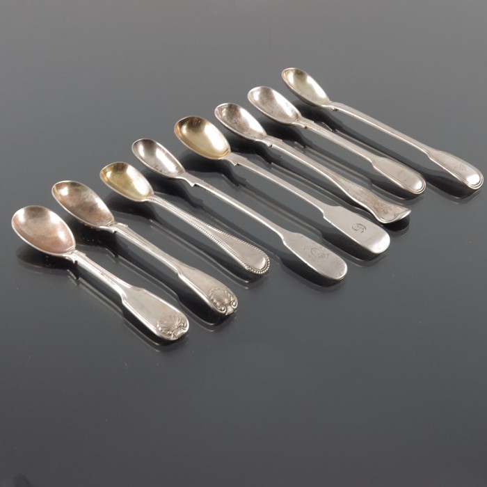 A collection of Victorian silver long handle condiment spoons, George Adams