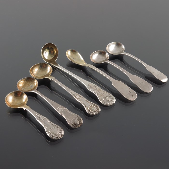 A collection of George III and later Scottish silver condiment spoons, Edinburgh makers