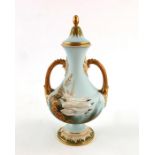 G Johnson for Royal Worcester, a swan painted twin handled vase and cover