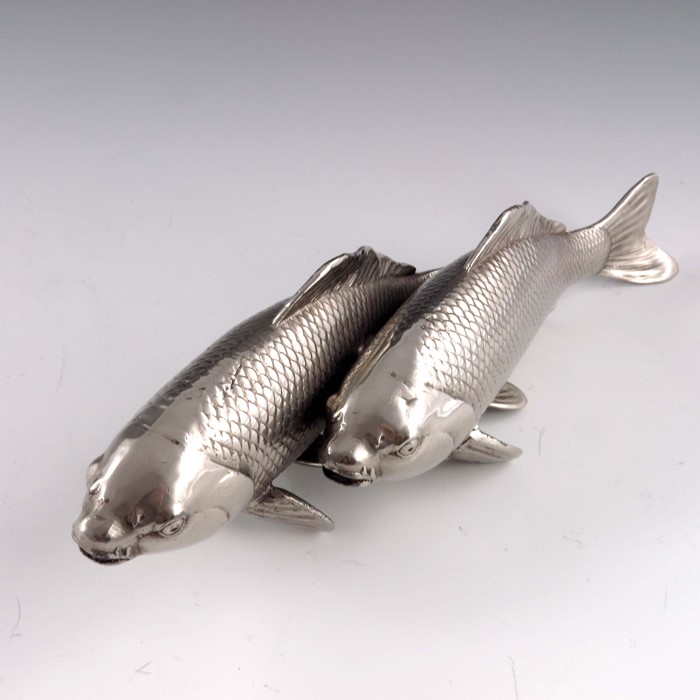 A Japanese white metal or plated okimono figure group of two carp - Image 2 of 7