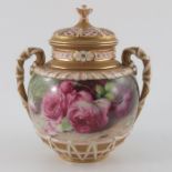 F H Chivers for Royal Worcester, a rose painted potpourri vase and cover