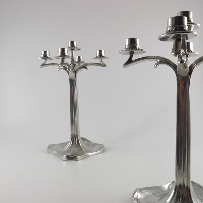 Bitter and Gobbers, Imperial zinn, a pair of Jugendstil pewter five light candelabra - Image 8 of 9