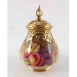 J Reed for Royal Worcester, a fruit painted potpourri vase and cove