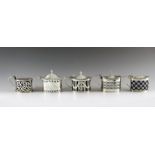 Five English silver mustard pots, with date marks from 1906 to 1929, various makers, Chester & Londo
