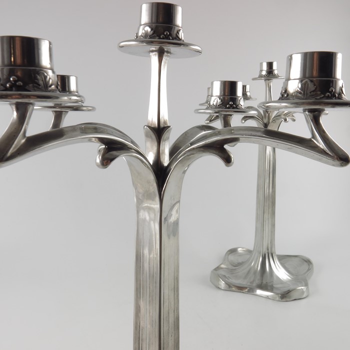 Bitter and Gobbers, Imperial zinn, a pair of Jugendstil pewter five light candelabra - Image 9 of 9