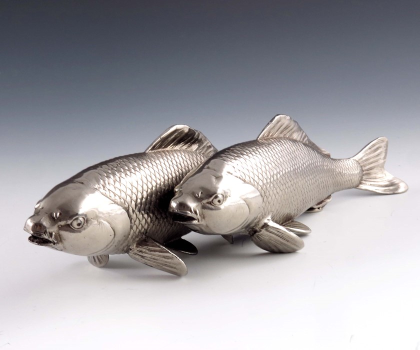 A Japanese white metal or plated okimono figure group of two carp - Image 7 of 7