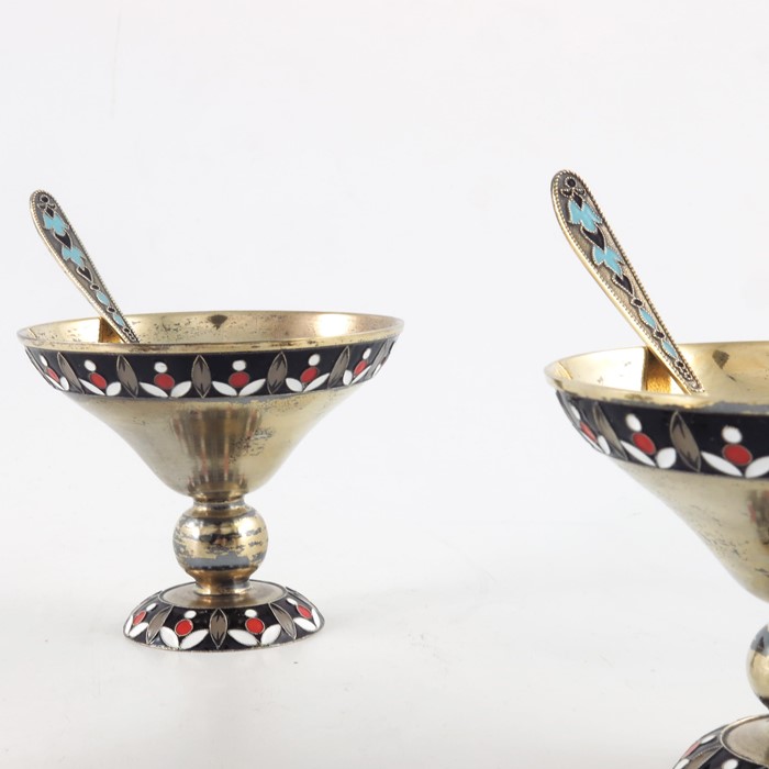 Three Soviet Russian silver gilt and enamelled bowls with spoons - Image 3 of 8