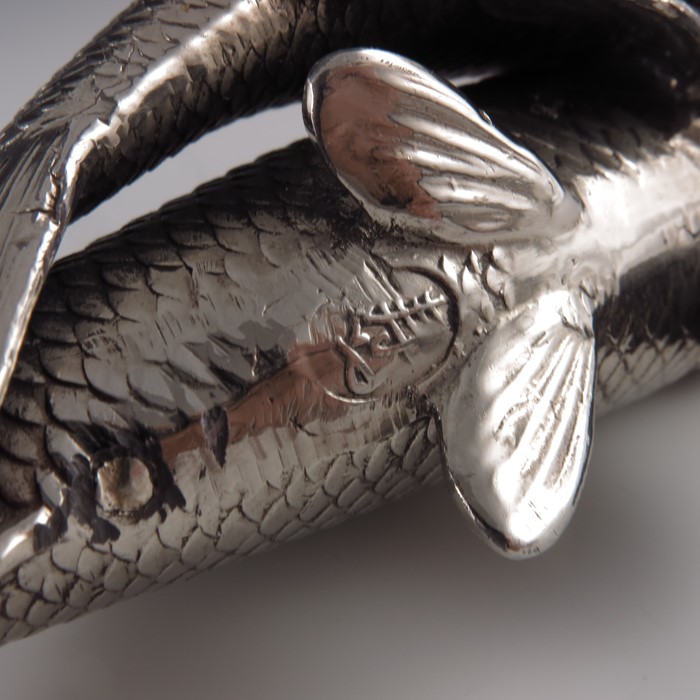 A Japanese white metal or plated okimono figure group of two carp - Image 4 of 7