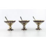 Three Soviet Russian silver gilt and enamelled bowls with spoons