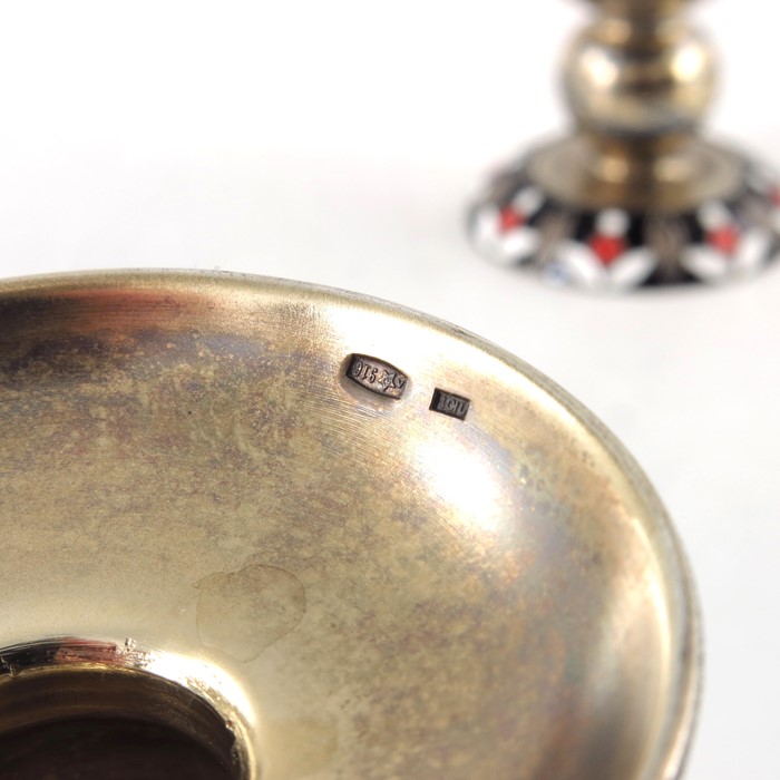 Three Soviet Russian silver gilt and enamelled bowls with spoons - Image 8 of 8