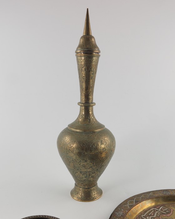 Three items of Persian metalware including a Cairo ware bowl and charger and an Islamic brass flask - Image 4 of 4