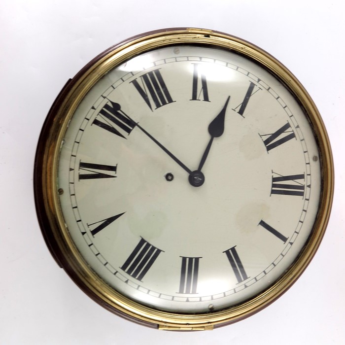 Mahogany fusee wall clock , white enamel dial.