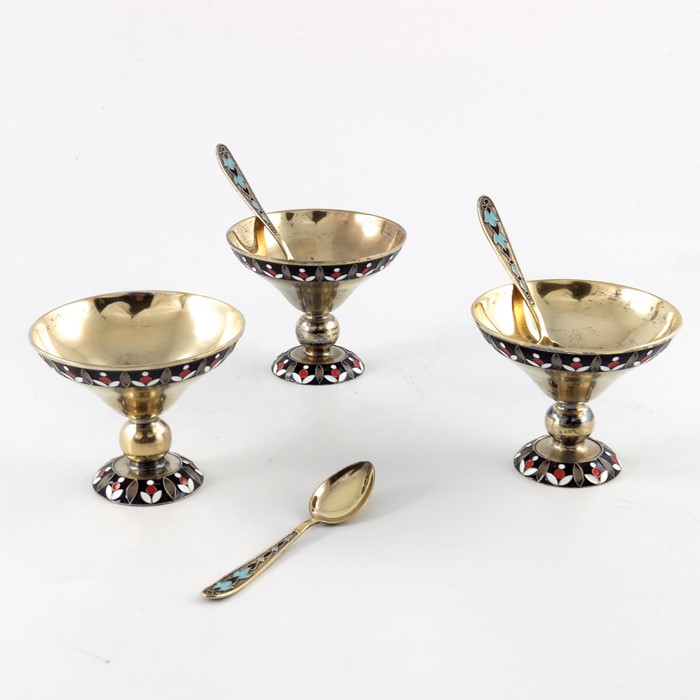 Three Soviet Russian silver gilt and enamelled bowls with spoons - Image 2 of 8