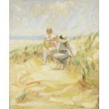 20th Century School, young girls in sand dunes, oil on canvas