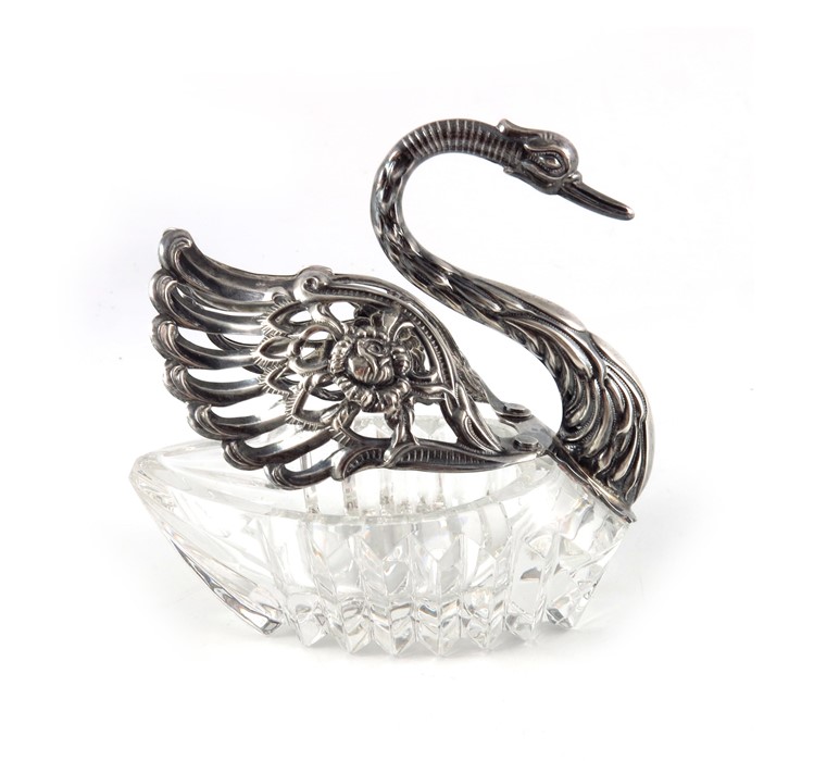 A Continental silver and glass swan bowl, E Ltd., London import marks 1981