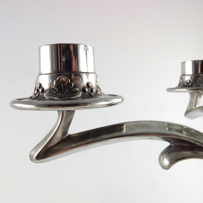 Bitter and Gobbers, Imperial zinn, a pair of Jugendstil pewter five light candelabra - Image 3 of 9