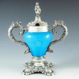 A P, Vienna 1854, a 19th century Austrian silver and glass mustard pot, the pear shaped slice cut bl