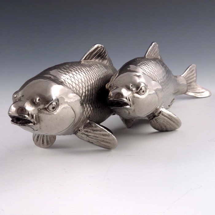 A Japanese white metal or plated okimono figure group of two carp - Image 3 of 7