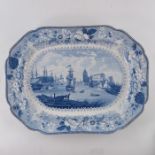 Early 19th Century Staffordshire blue and white meat platter, Bristol Harbour