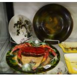 Palissy style majolica plate, a red crab with she