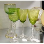 Jugendstil style wine glass, green glass bowl on f