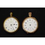 Two pocket watches, white enamel faces, gold colou