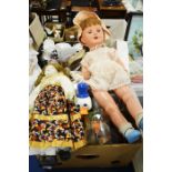 Souvenir dolls, and porcelain head doll, marked F
