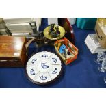 A Spode blue and white cake plate, a Spong mincer,