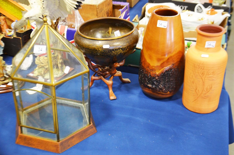 A hexagonal vivarium, brass persian style bowl on