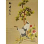Chinese silk work, cranes, penonies and acer, sign