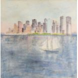 KST, Sailing boat in city seascape, pastel on boar