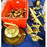 Brass Aeroplanes, a brass kettle a trivet and othe