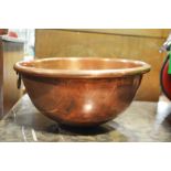 A copper and brass mounted zabaglioni bowl, planished finish