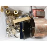 A copper iron handled saucepan, pair of brass can