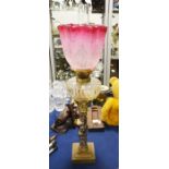 An early 20th Century, oil lamp, etched ruby glas