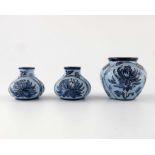 Philip Gibson for Moorcroft, three small Chrysanthemum Blue on Blue vases